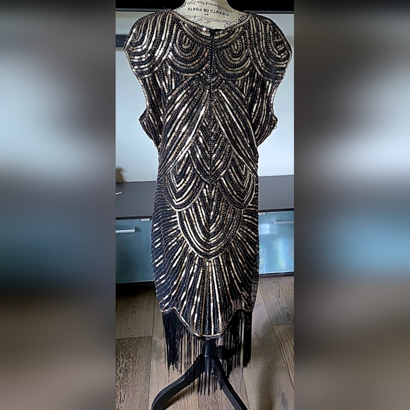 1920s Great Gatsby Flapper Plus Size Sequin Fringe Cap Sleeve Dress Vintage 2X - Picture 10 of 15